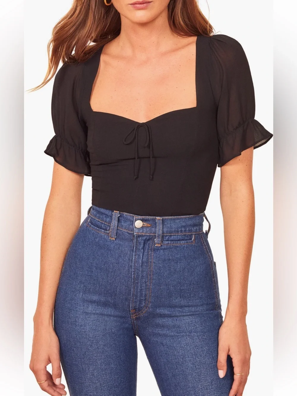 Reformation Delevan Ruffle Black Sleeve Top Size 4 NWOT